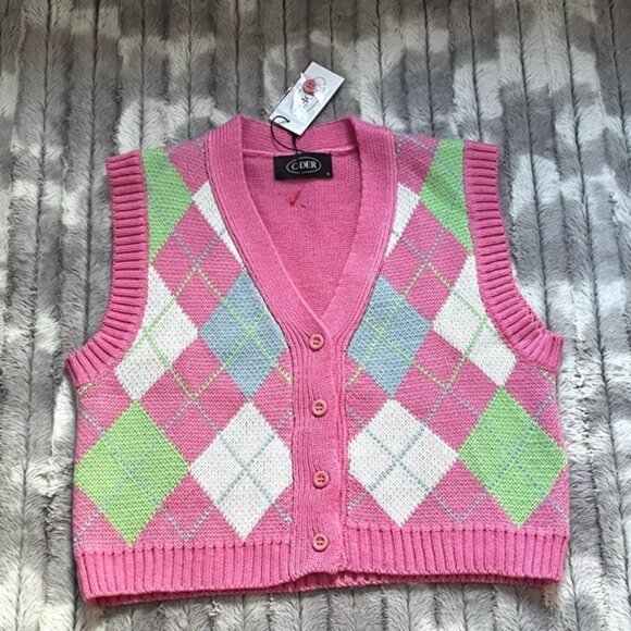 CIDER Soft Diamond Check Pattern Patchy Knit Button Front Vest Pink Size Large - Picture 3 of 8